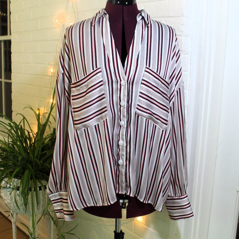 Free People Mad About You Button Down Shirt In Ivory/Red Medium
